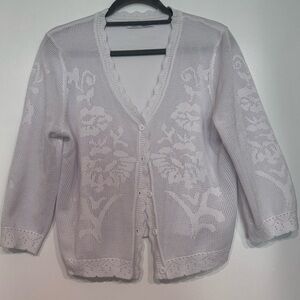 White Floral Openwork V-Neck Cardigan Sweater
